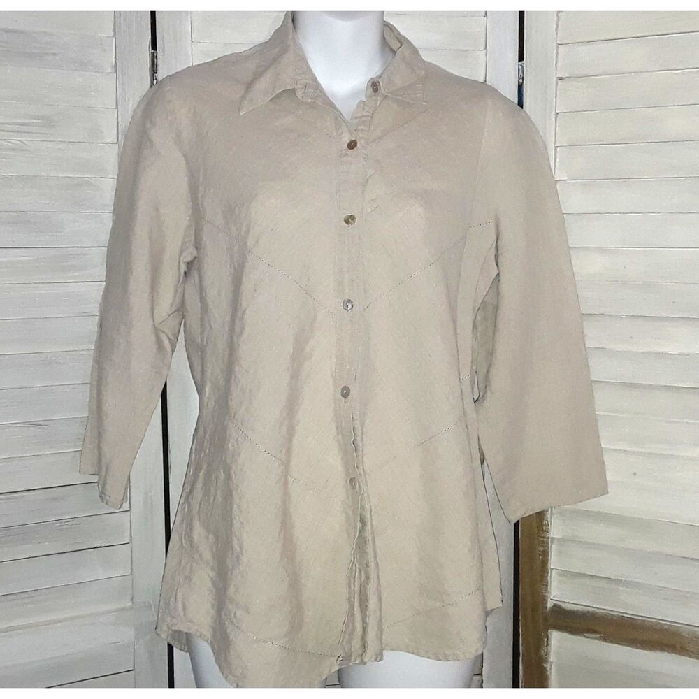 Linen Button Down Blouse Size Large 3/4 Sleeve Boho Lightweight